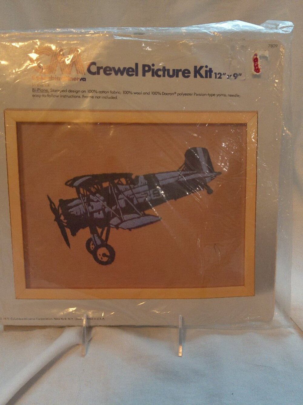 Columbia-Minerva Crewel Picture Kit Bi-Plane 12" x 9" Vintage 1977 #7809 NIP
